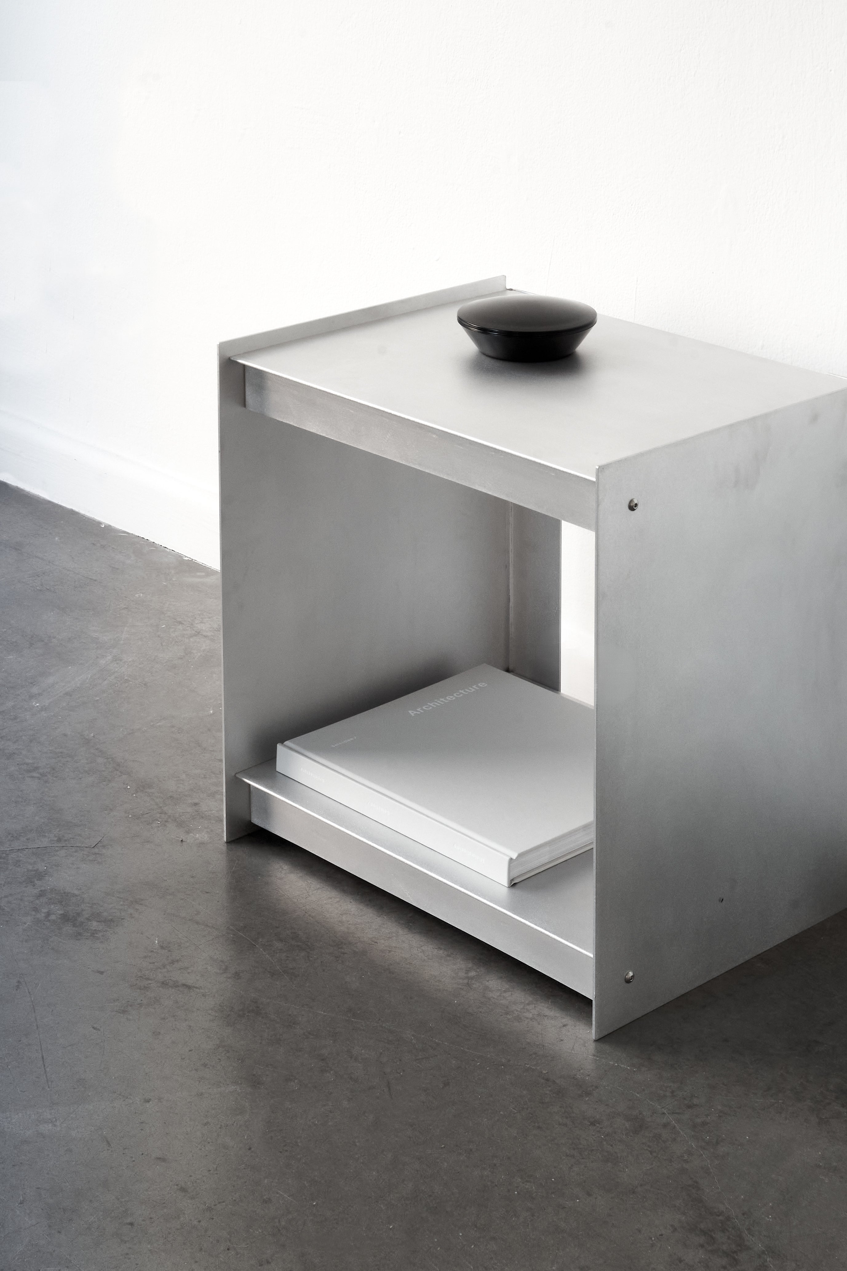 PLI Side Table And Small Metal Shelf Unit By UTIL Analograum Pli side table and small metal shelf unit by util analograum
